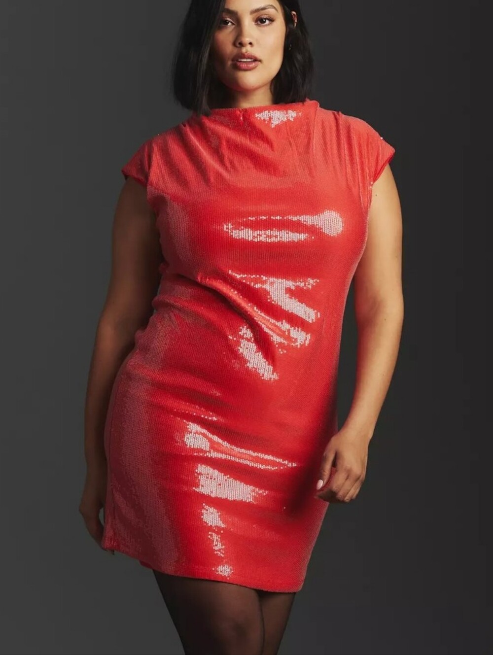 By Anthropologie Maya Ruched Cowl Neck Dress 1X Red Sequin Mini Cocktail Party